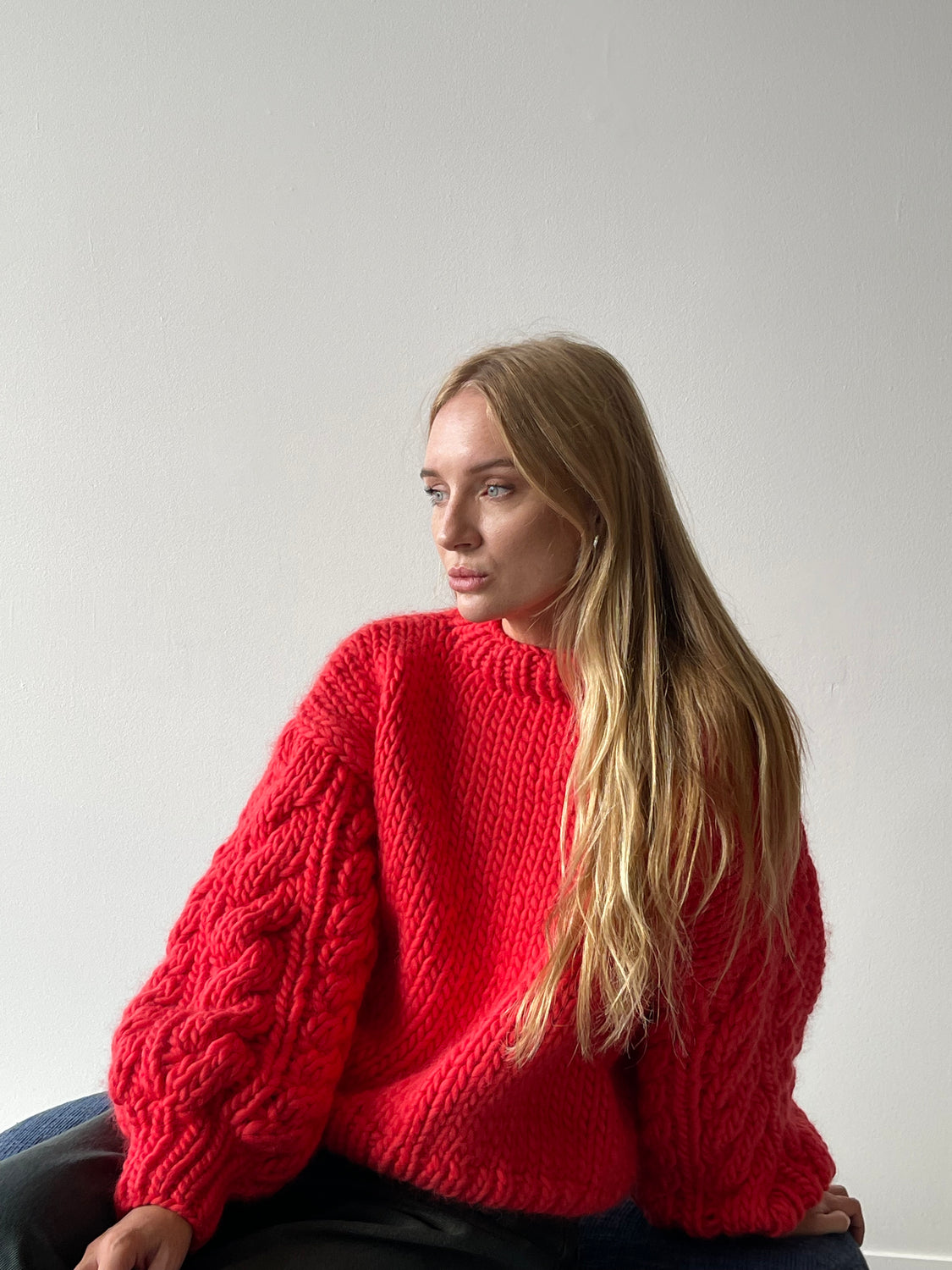 CABLE SLEEVE CREW NECK RED - MR MITTENS