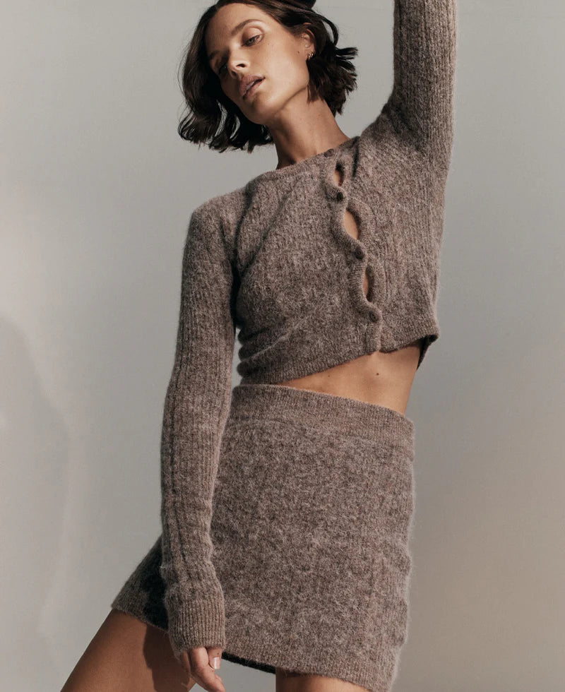 CABLE KNIT WOOL SKIRT FAWN
