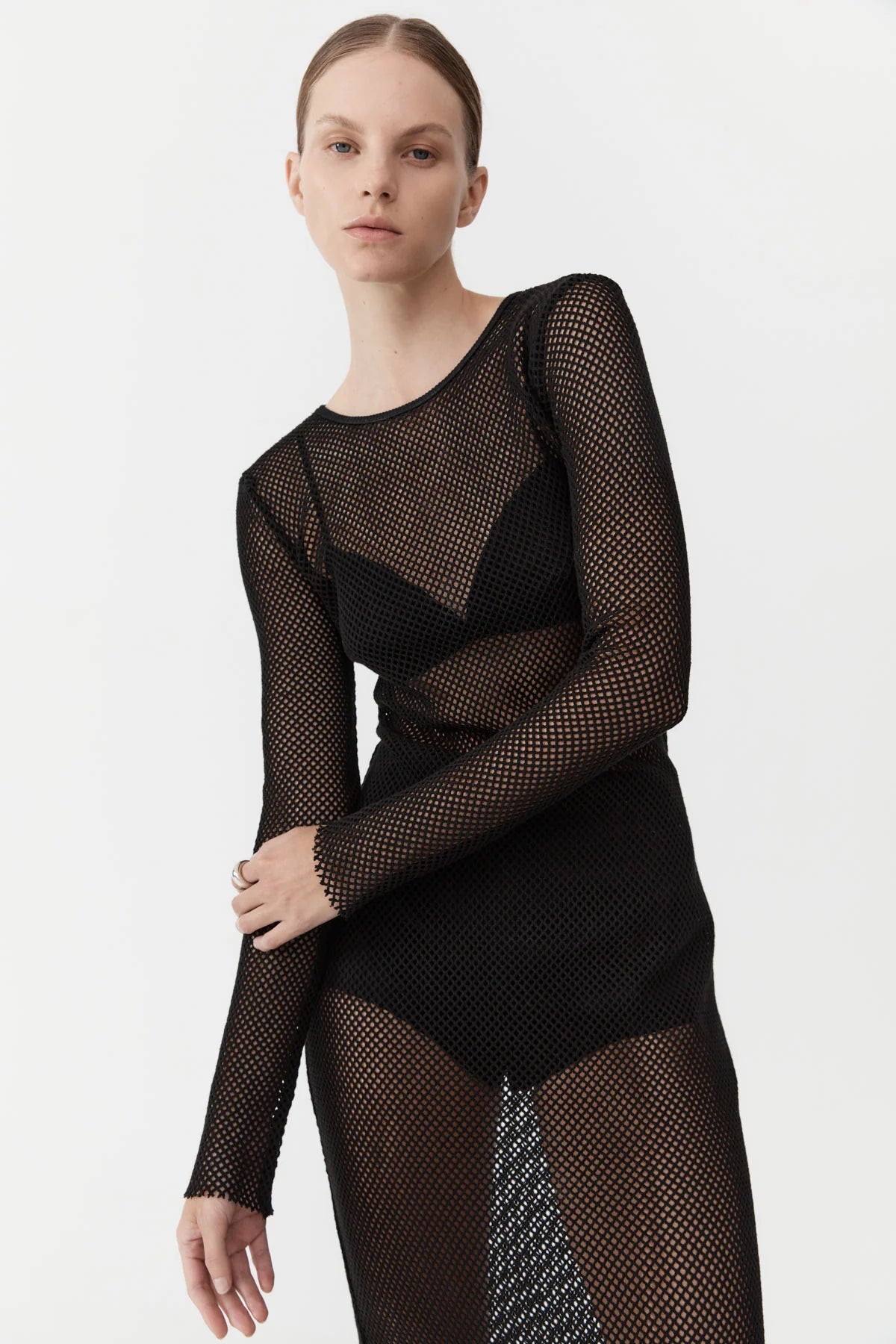 MESH LONG SLEEVE DRESS BLACK