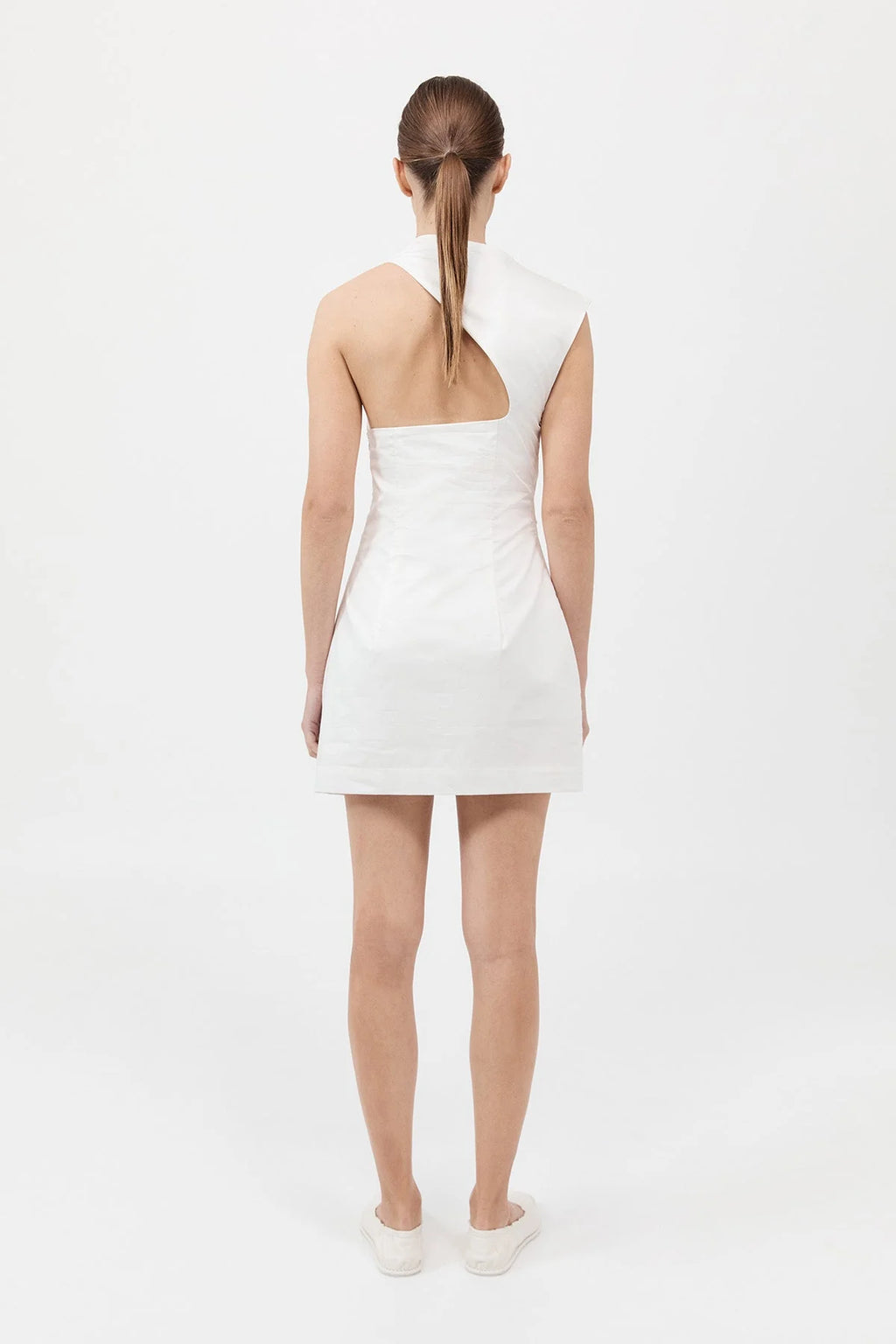 ASYMMETRIC TUCK MINI DRESS WHITE