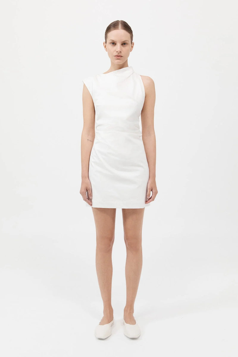 ASYMMETRIC TUCK MINI DRESS WHITE - ST.AGNI