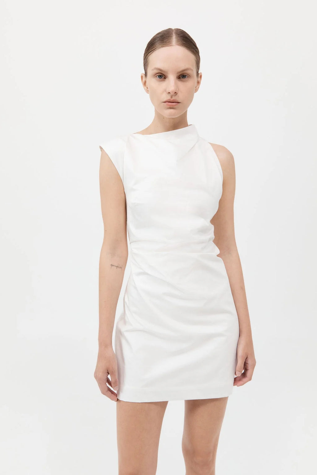 ASYMMETRIC TUCK MINI DRESS WHITE