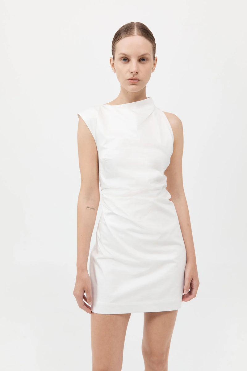 ASYMMETRIC TUCK MINI DRESS WHITE - ST.AGNI