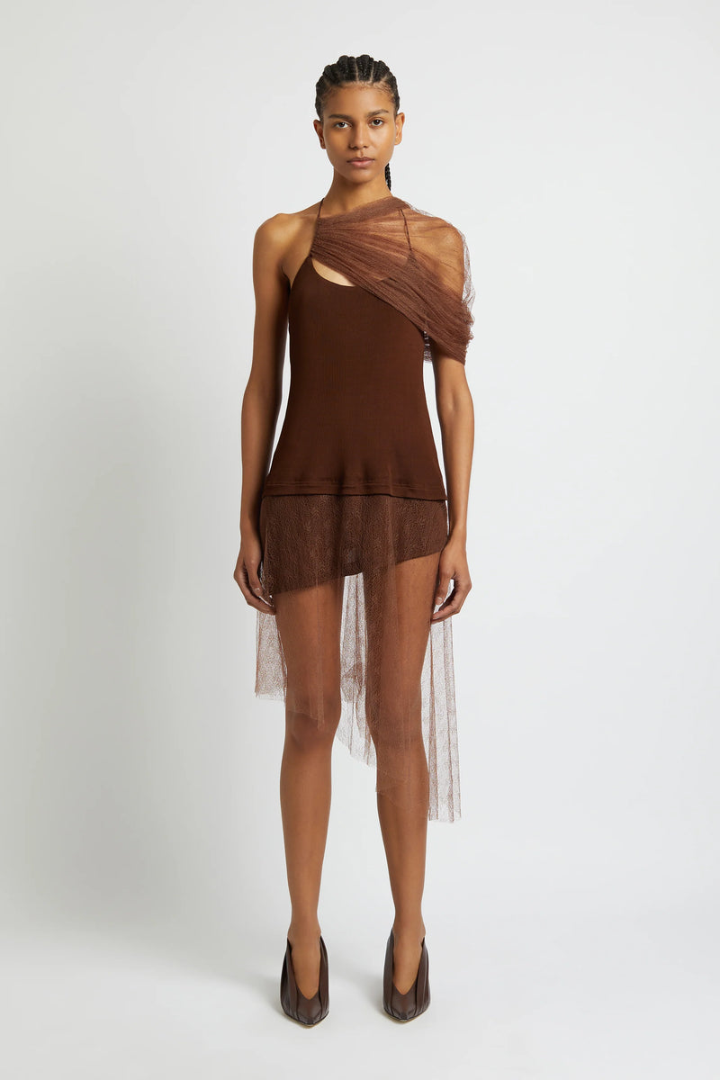 VAPOR LACE SHAWL DRESS CACAO - CHRISTOPHER ESBER