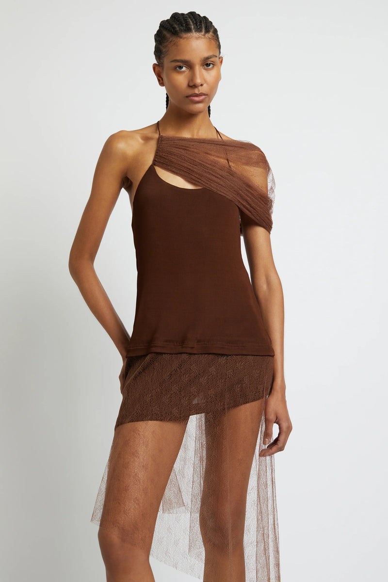 VAPOR LACE SHAWL DRESS CACAO - CHRISTOPHER ESBER