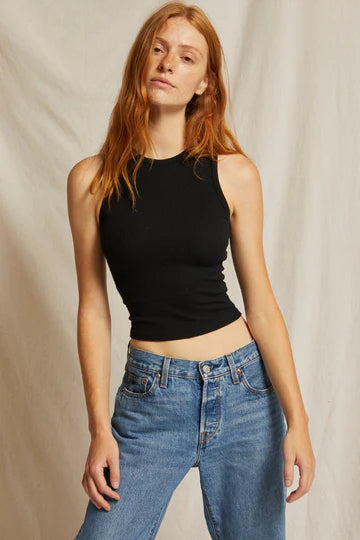 GIGI HIGH NECK CROPPED RIBBED TANK TRUE BLACK - PERFECT WHITE TEE