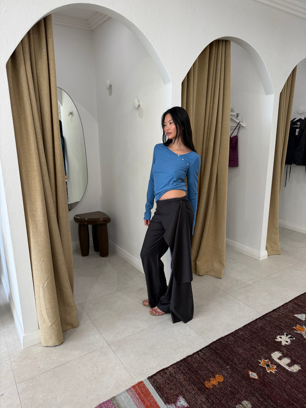 PURE WOOL ZIP PANT CHARCOAL STRIPE