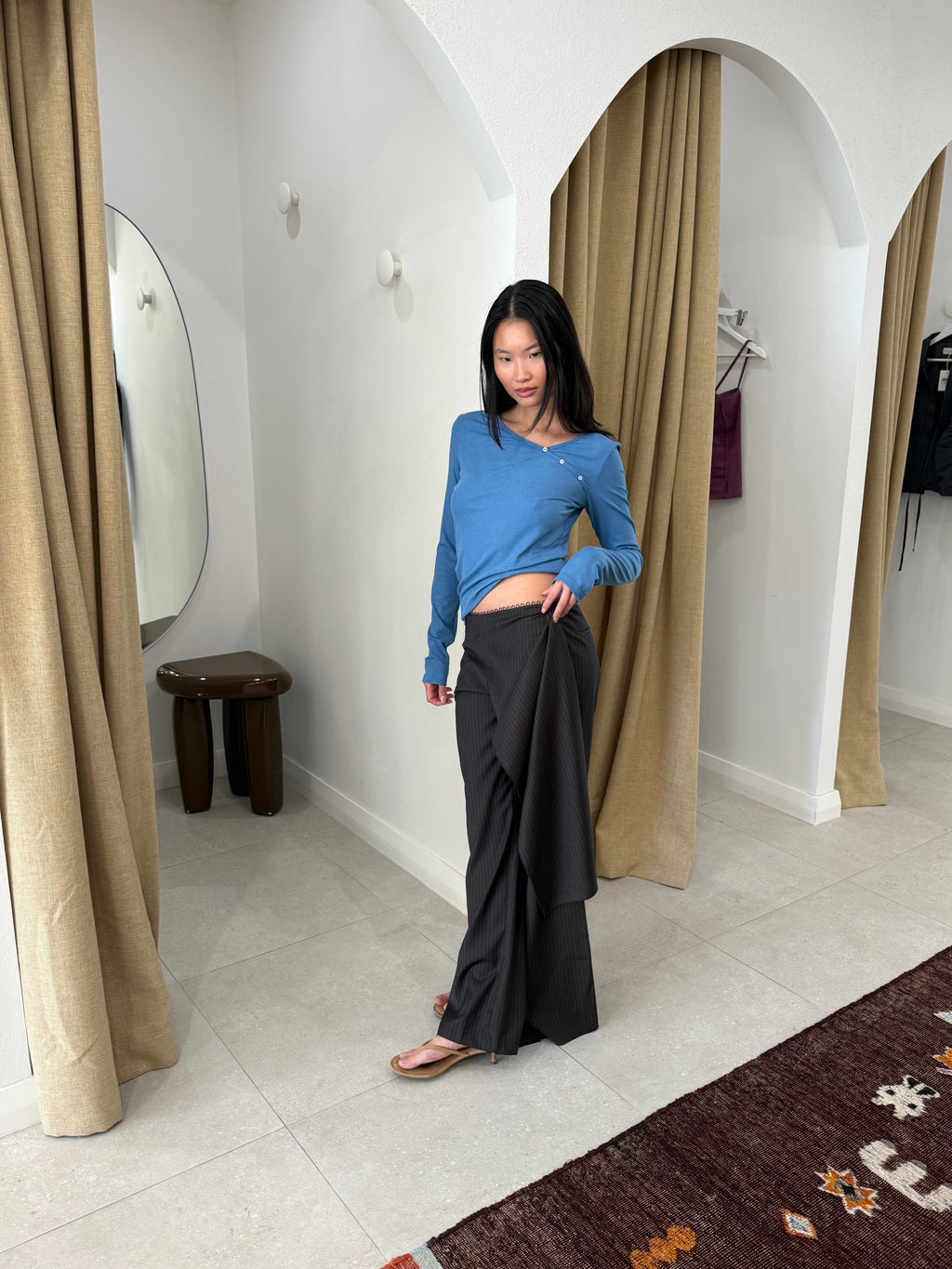 PURE WOOL ZIP PANT CHARCOAL STRIPE