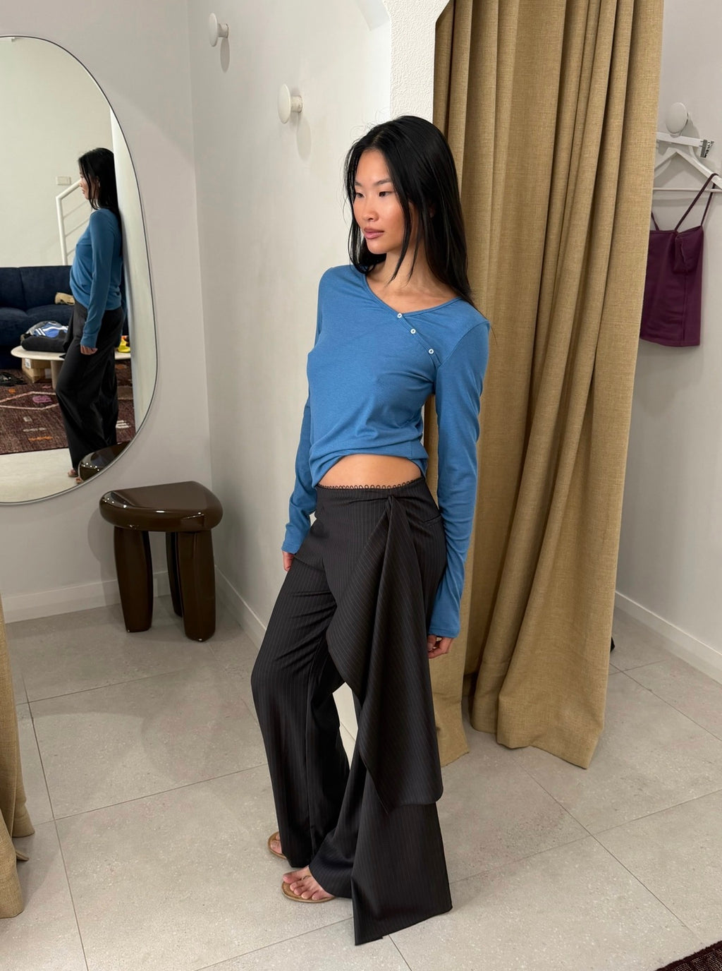 PURE WOOL ZIP PANT CHARCOAL STRIPE