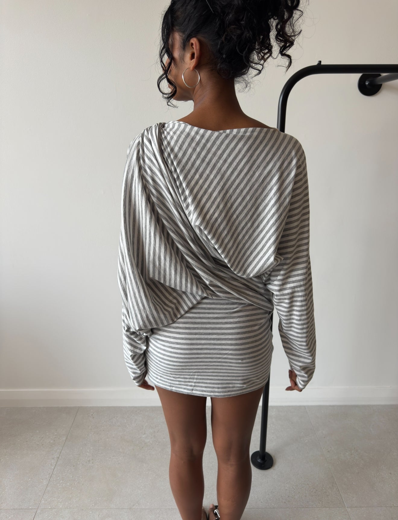 AIBA DRAPED JERSEY COTTON DRESS GREY STRIPE