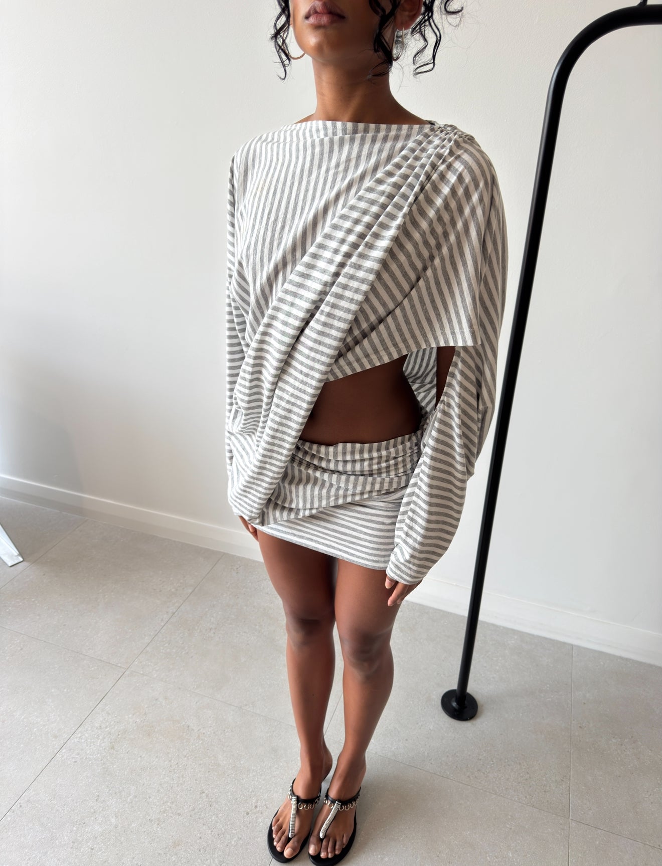 AIBA DRAPED JERSEY COTTON DRESS GREY STRIPE