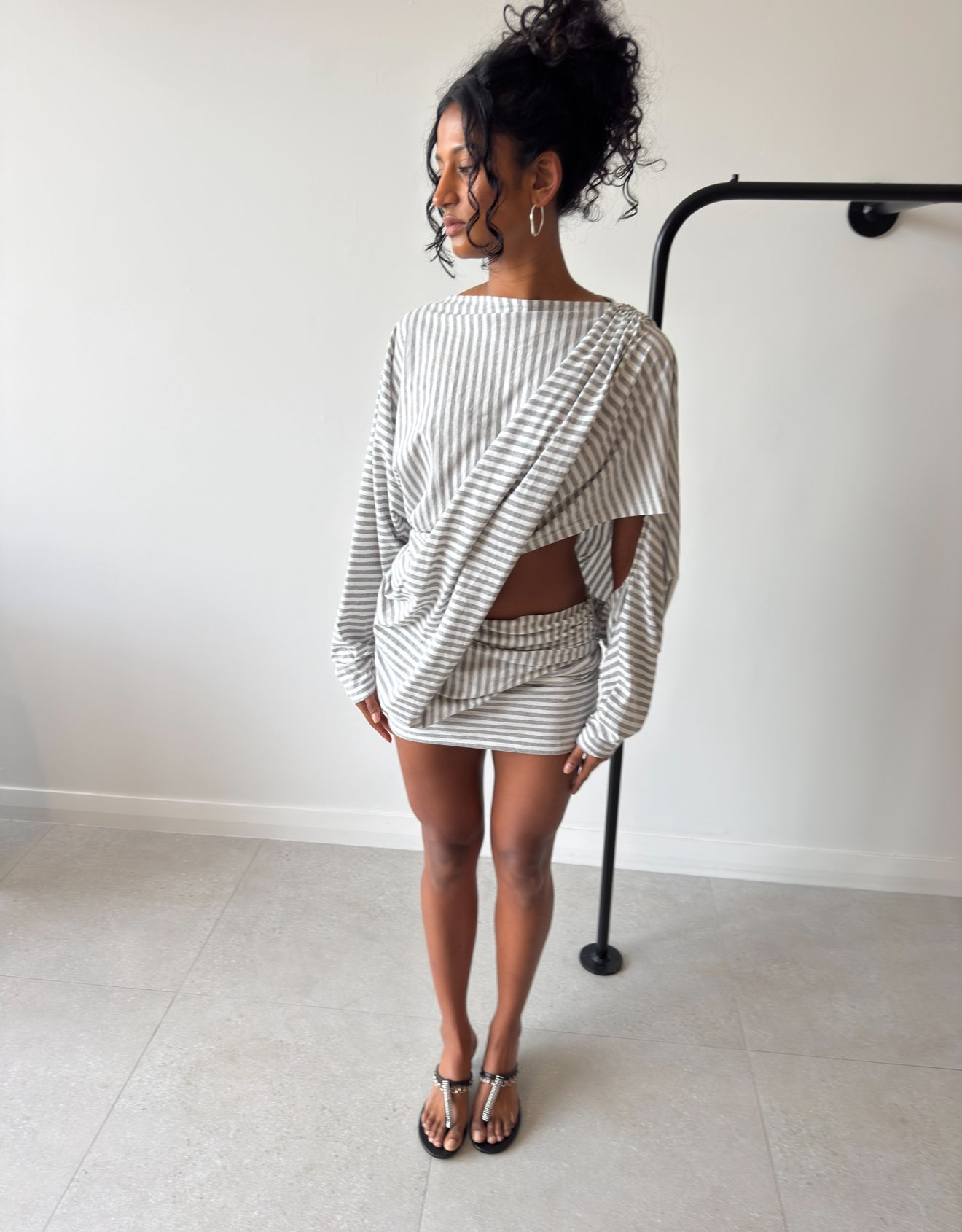AIBA DRAPED JERSEY COTTON DRESS GREY STRIPE