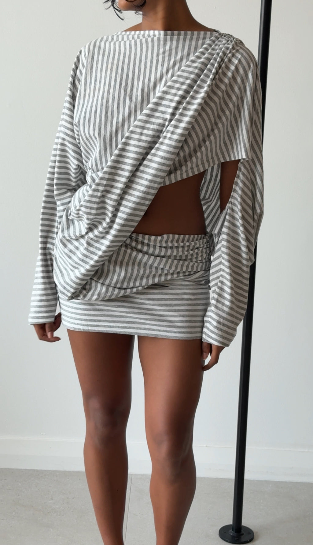AIBA DRAPED JERSEY COTTON DRESS GREY STRIPE