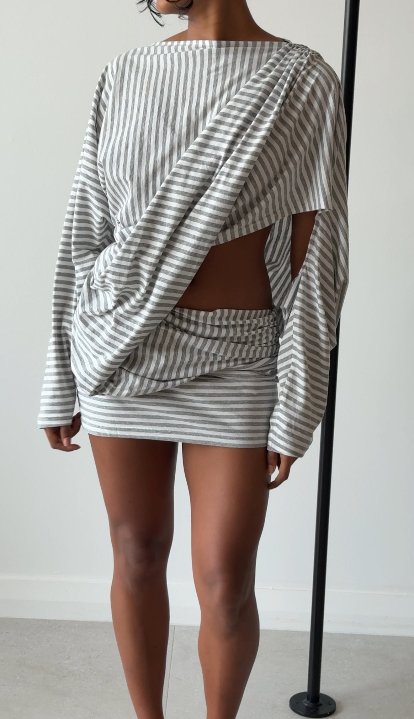 AIBA DRAPED JERSEY COTTON DRESS GREY STRIPE