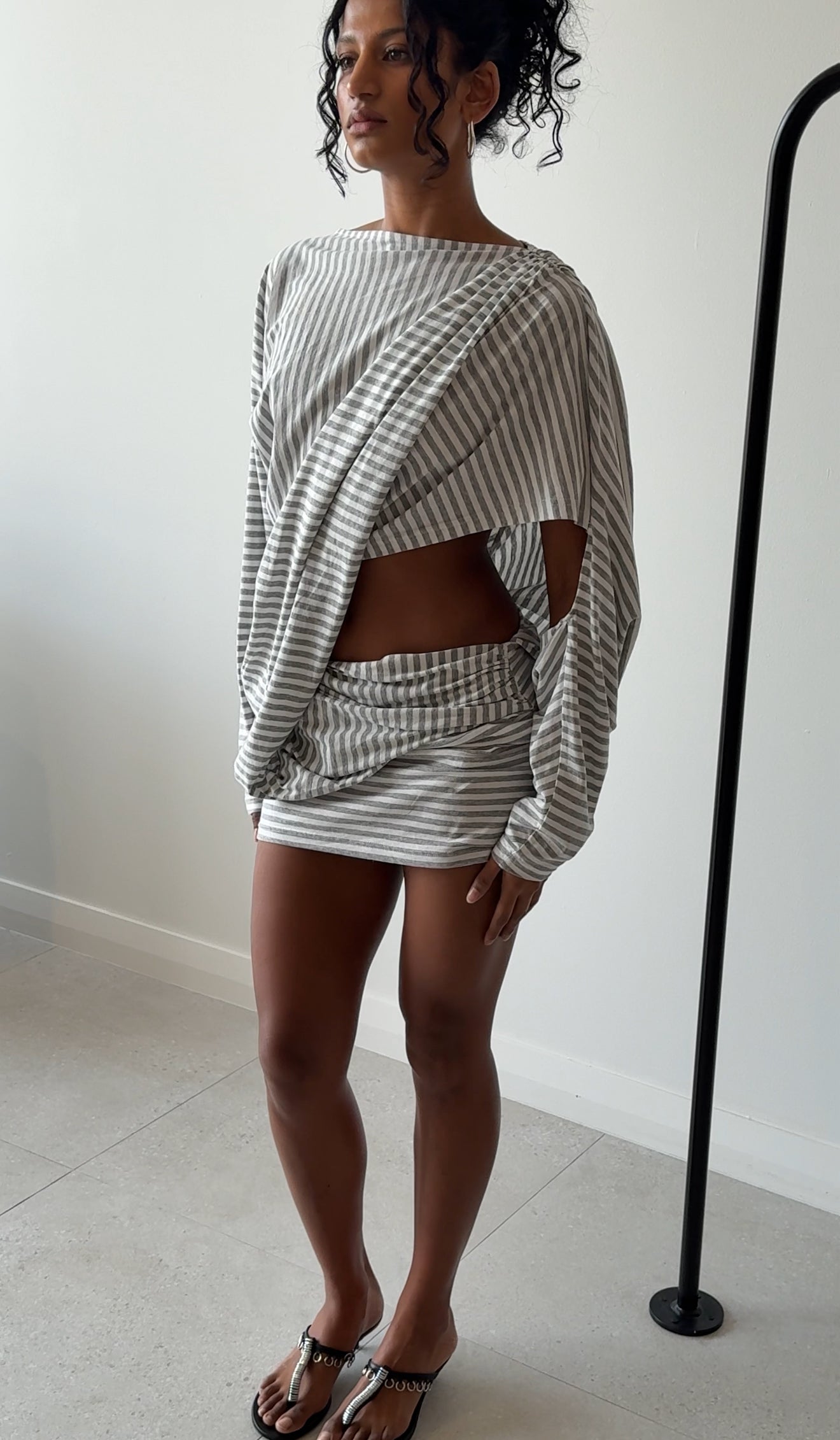 AIBA DRAPED JERSEY COTTON DRESS GREY STRIPE