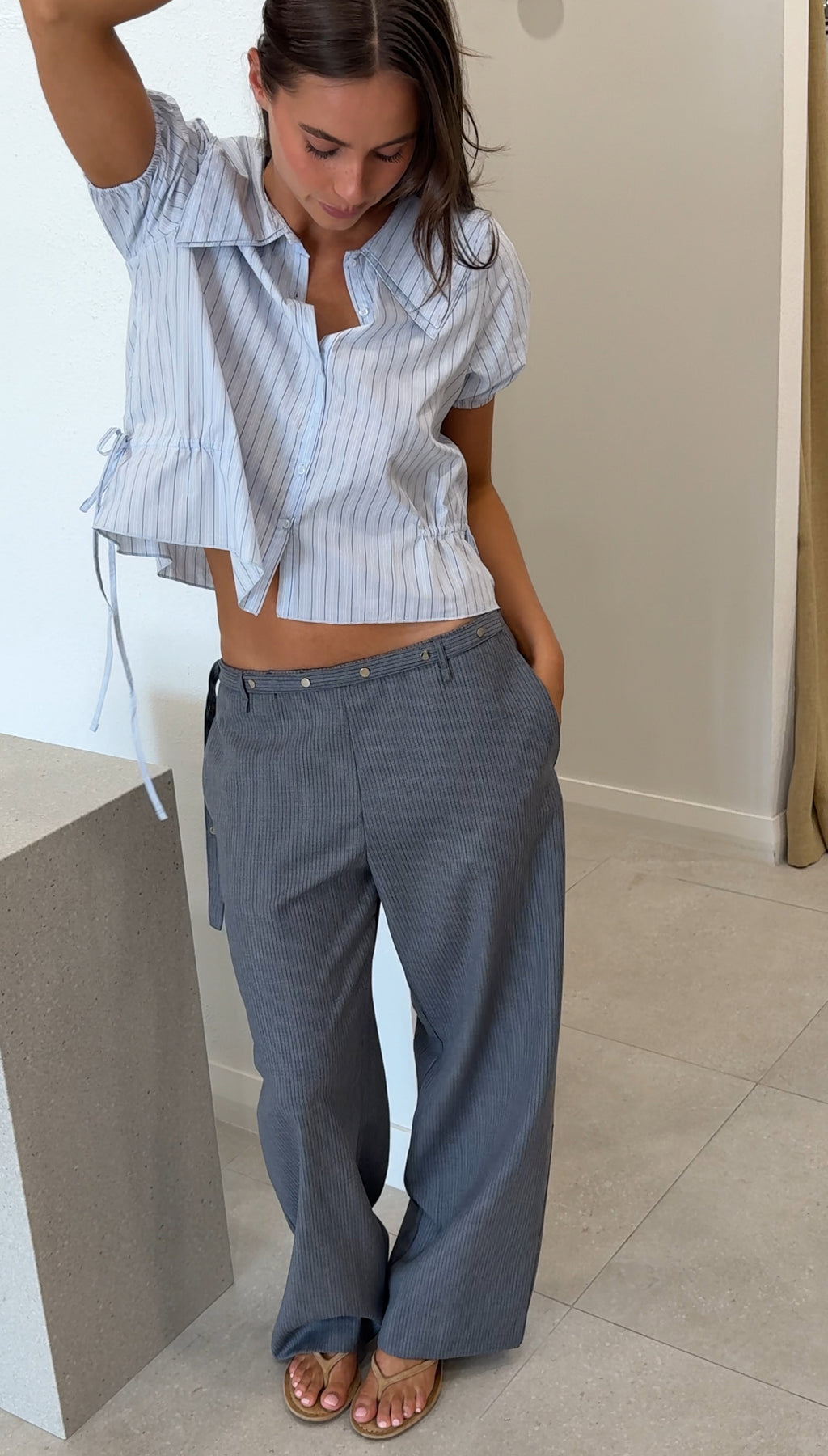 WOOL BELT PANT GREY BLUE STRIPE