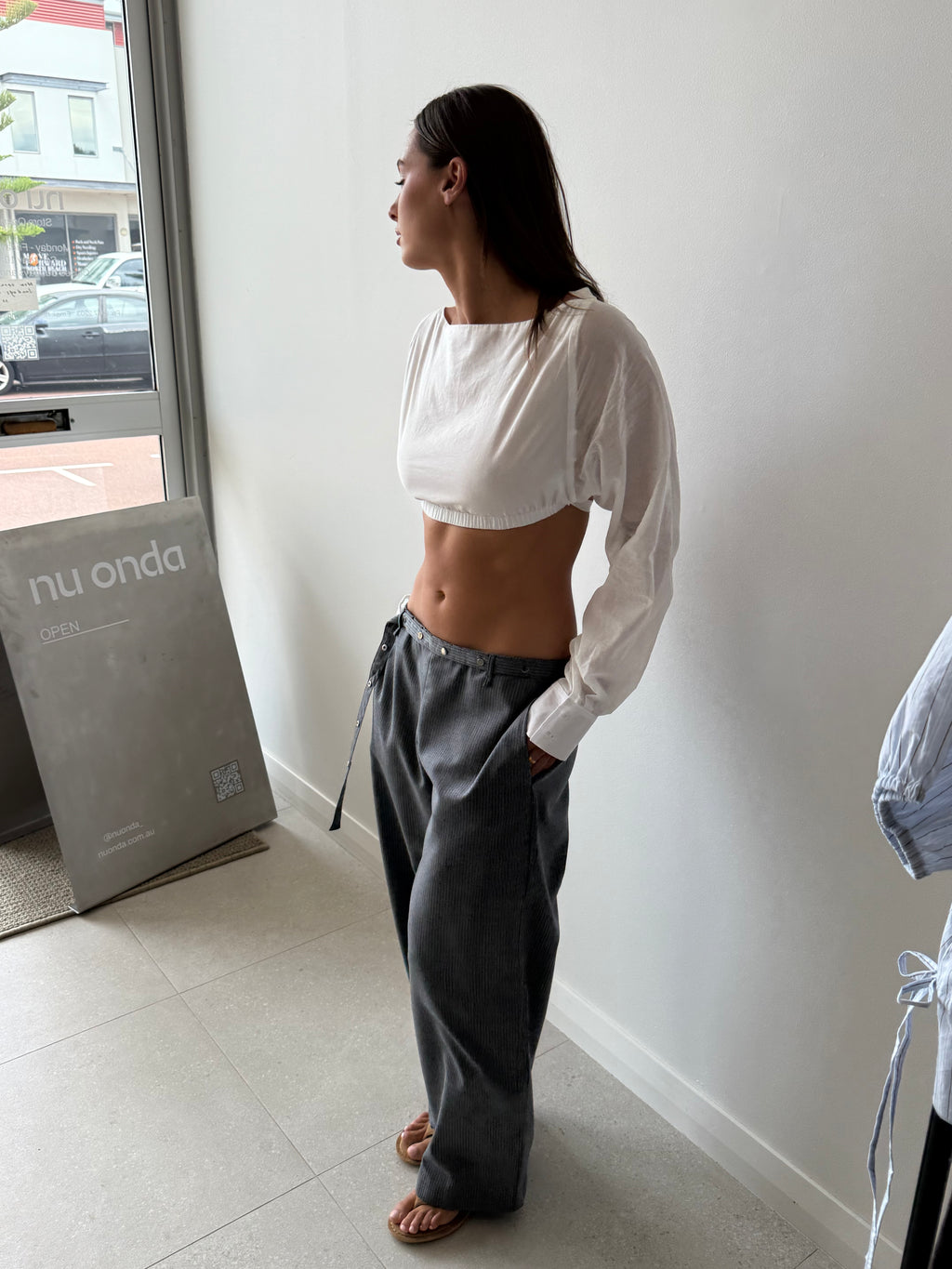 WOOL BELT PANT GREY BLUE STRIPE