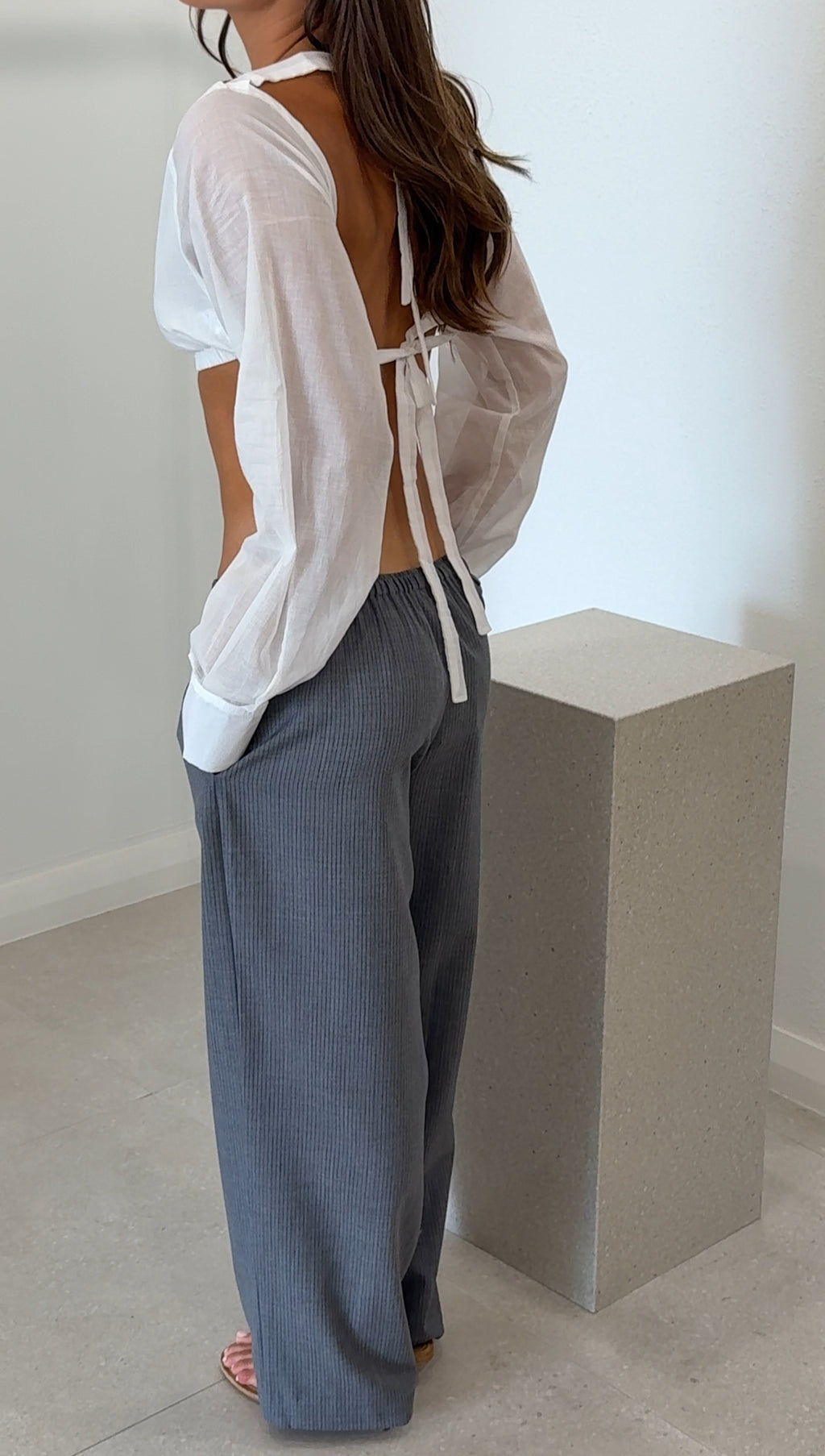 WOOL BELT PANT GREY BLUE STRIPE