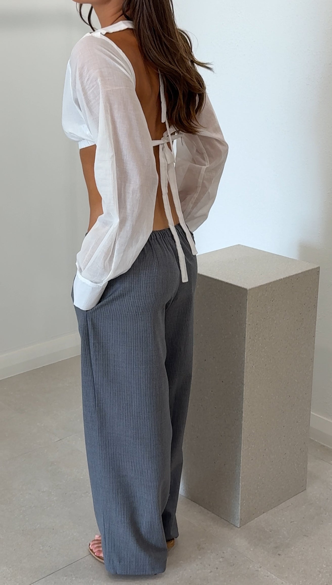 WOOL BELT PANT GREY BLUE STRIPE