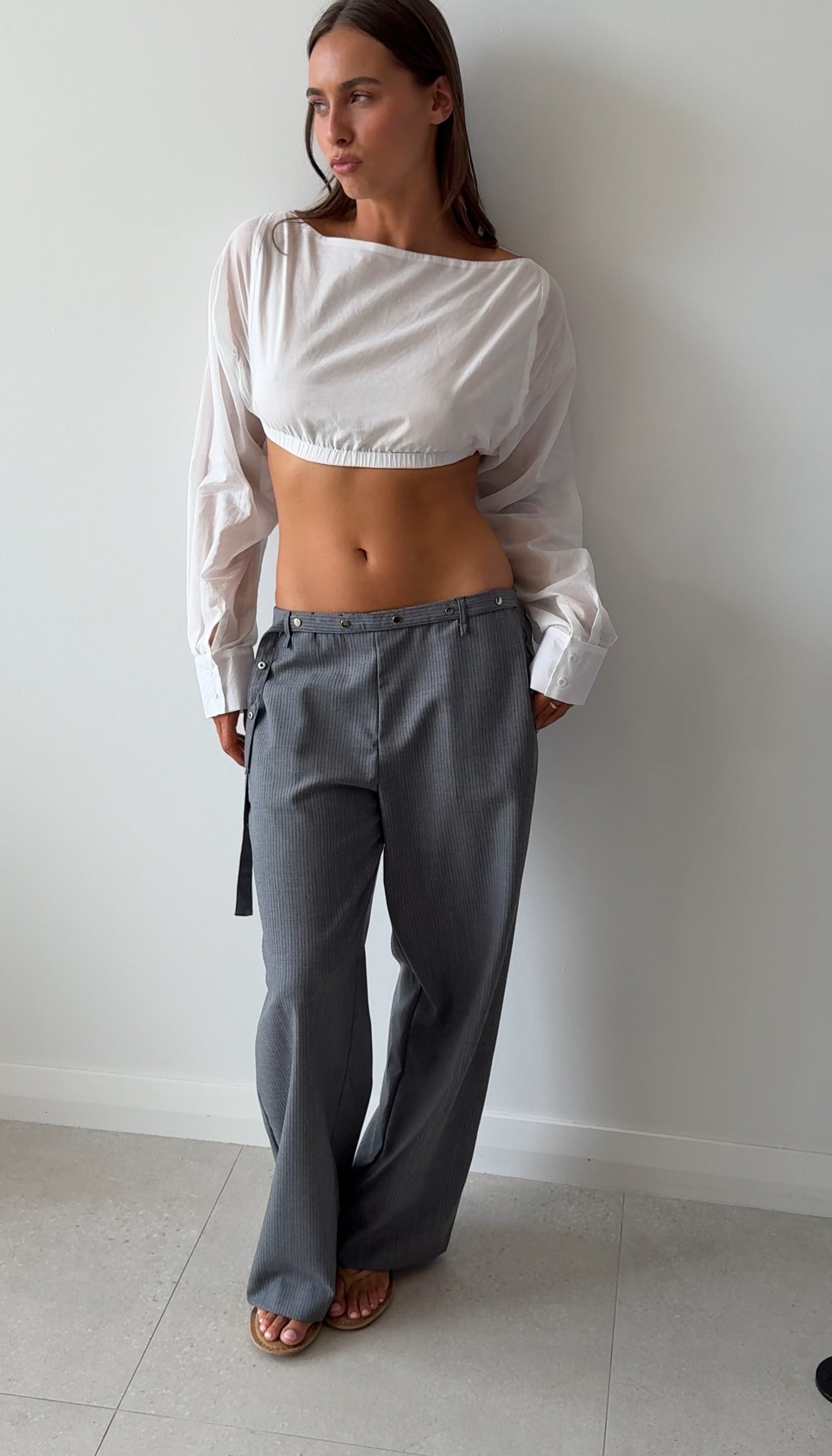 WOOL BELT PANT GREY BLUE STRIPE