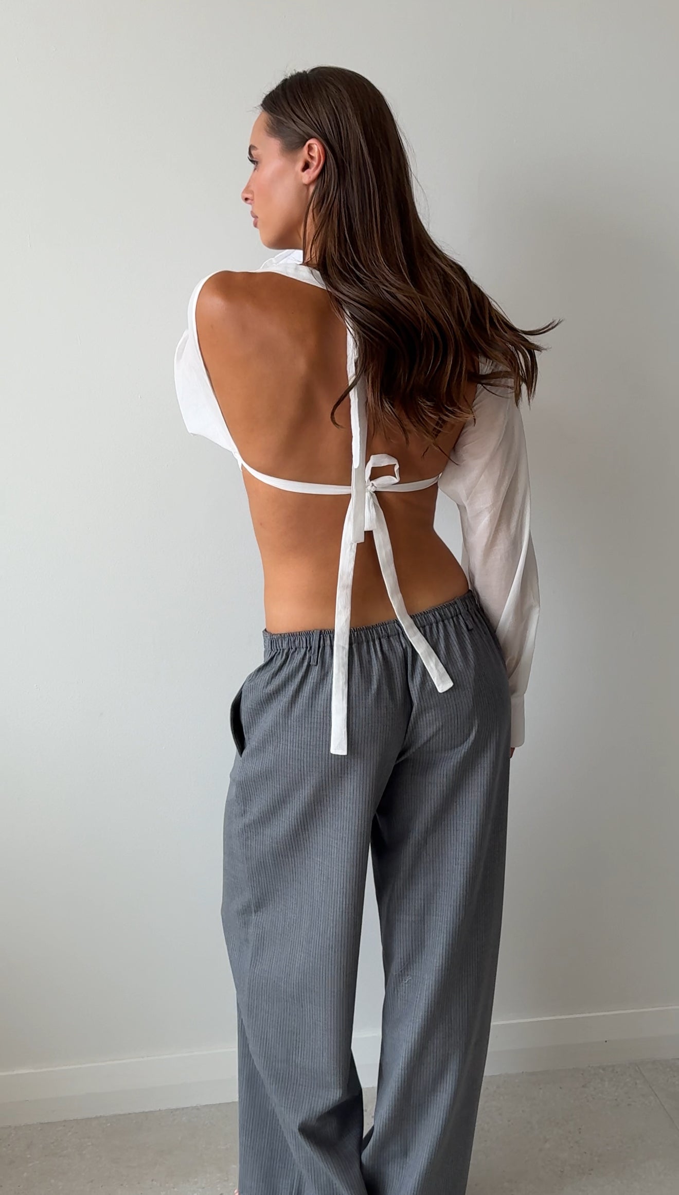 WOOL BELT PANT GREY BLUE STRIPE