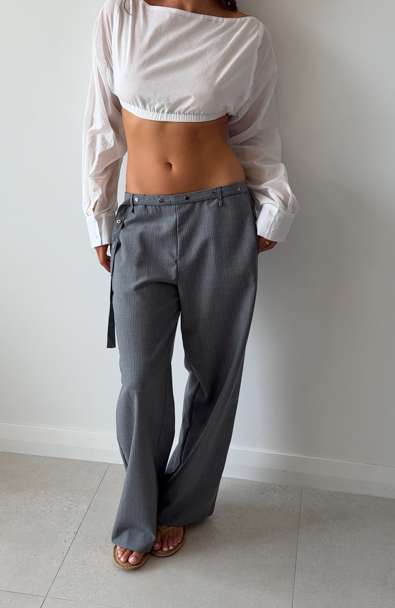 WOOL BELT PANT GREY BLUE STRIPE