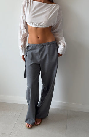 WOOL BELT PANT GREY BLUE STRIPE