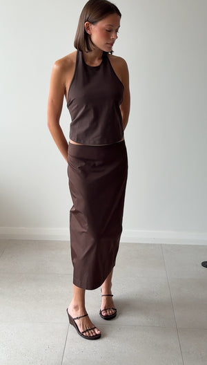 PAPER TAFFETA COLUMN SKIRT MOCHA