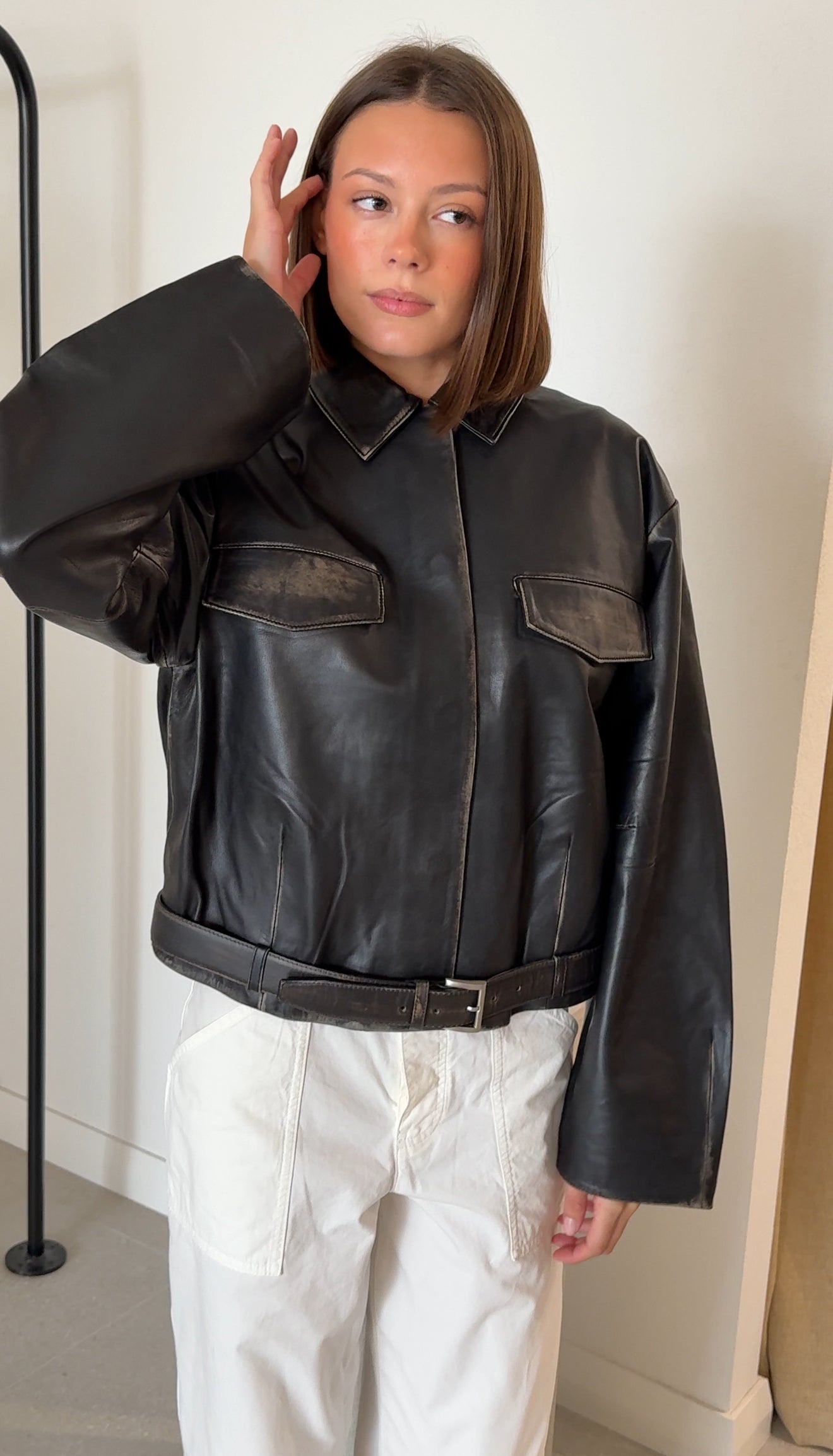 BRUSHED LEATHER BELTED JACKET