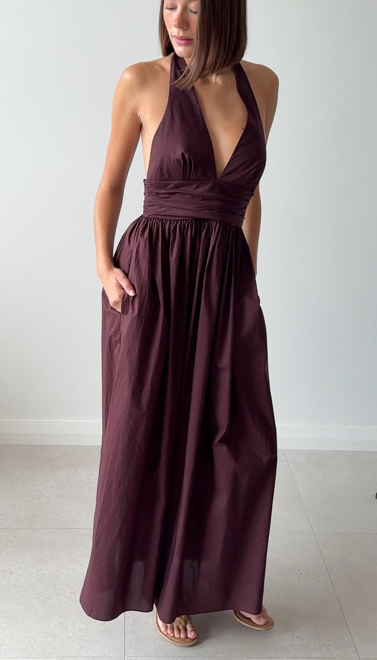 PLUNGE HALTER DRESS AUBERGINE