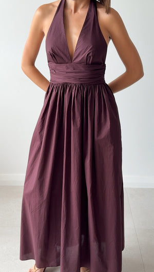 PLUNGE HALTER DRESS AUBERGINE