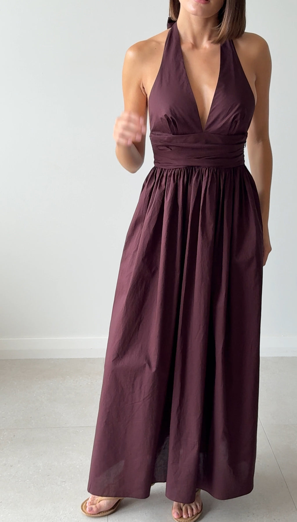 PLUNGE HALTER DRESS AUBERGINE