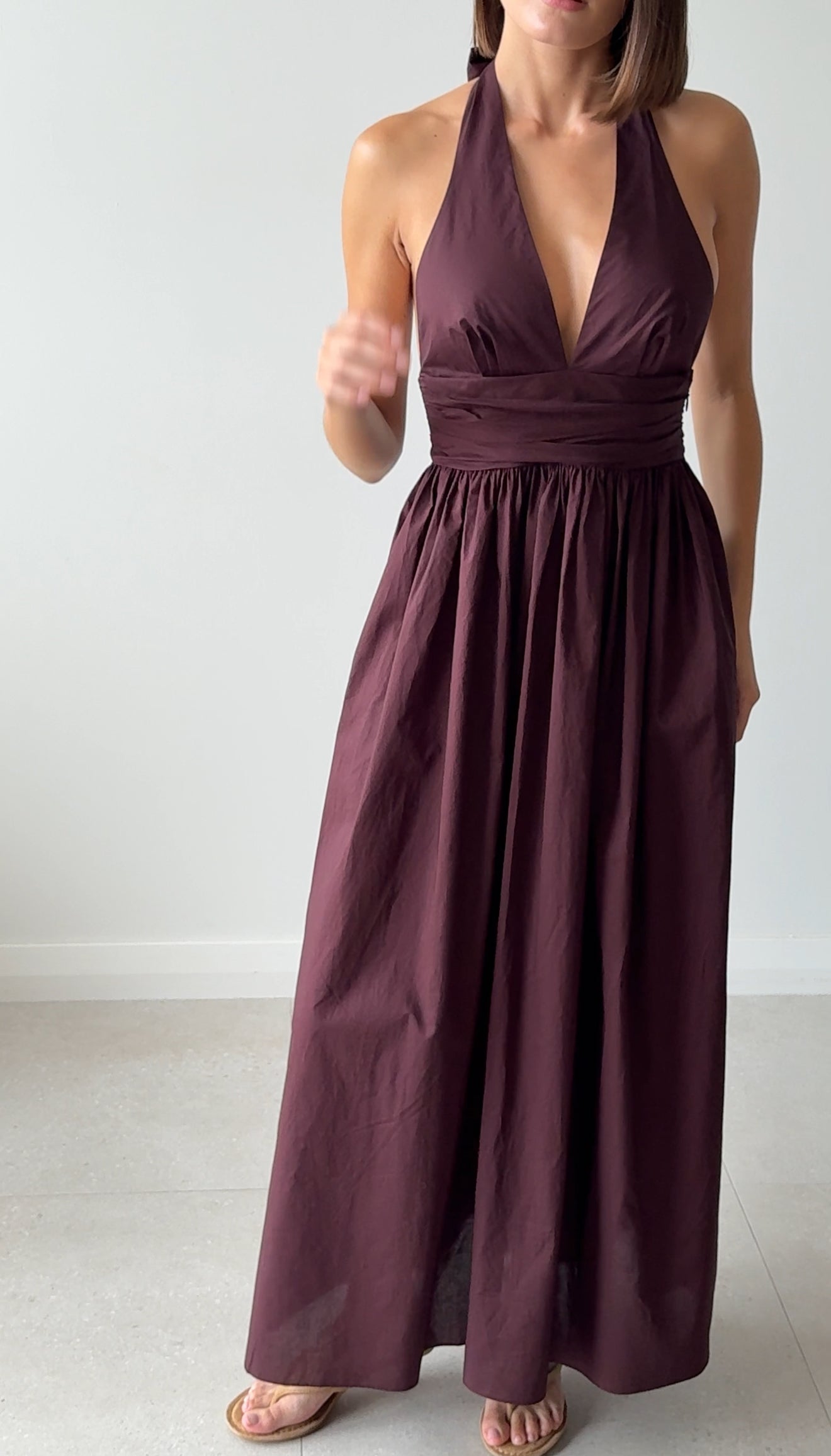 PLUNGE HALTER DRESS AUBERGINE