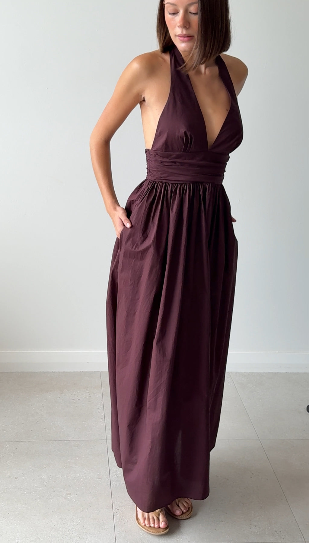 PLUNGE HALTER DRESS AUBERGINE