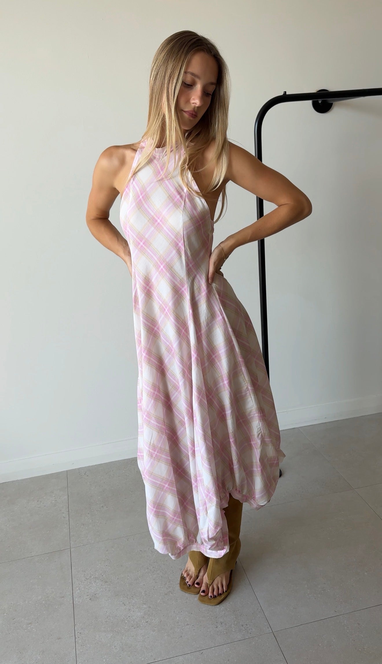 BOMBA MAXI DRESS CHECKS PINK BEIGE
