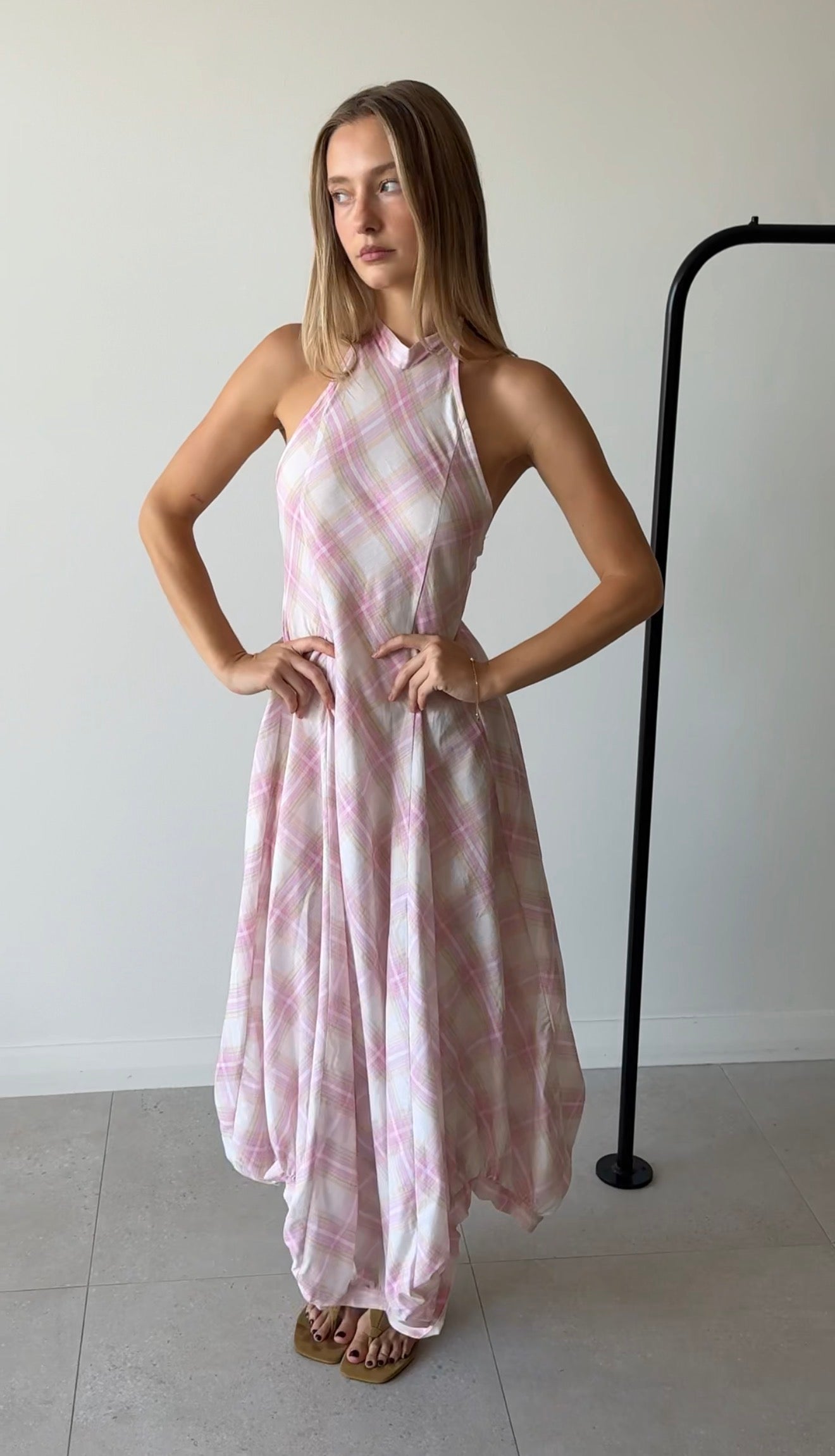 BOMBA MAXI DRESS CHECKS PINK BEIGE