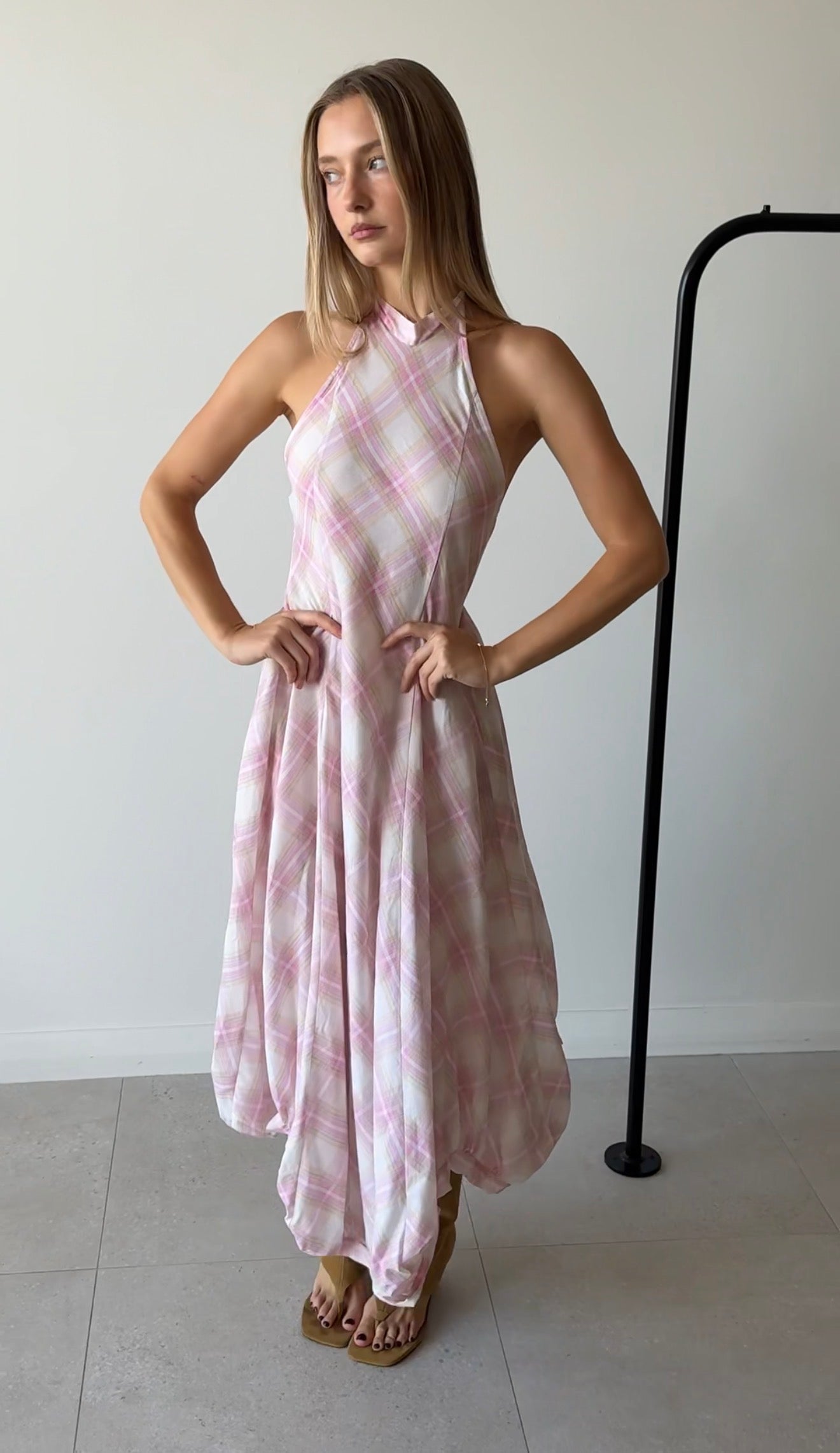 BOMBA MAXI DRESS CHECKS PINK BEIGE