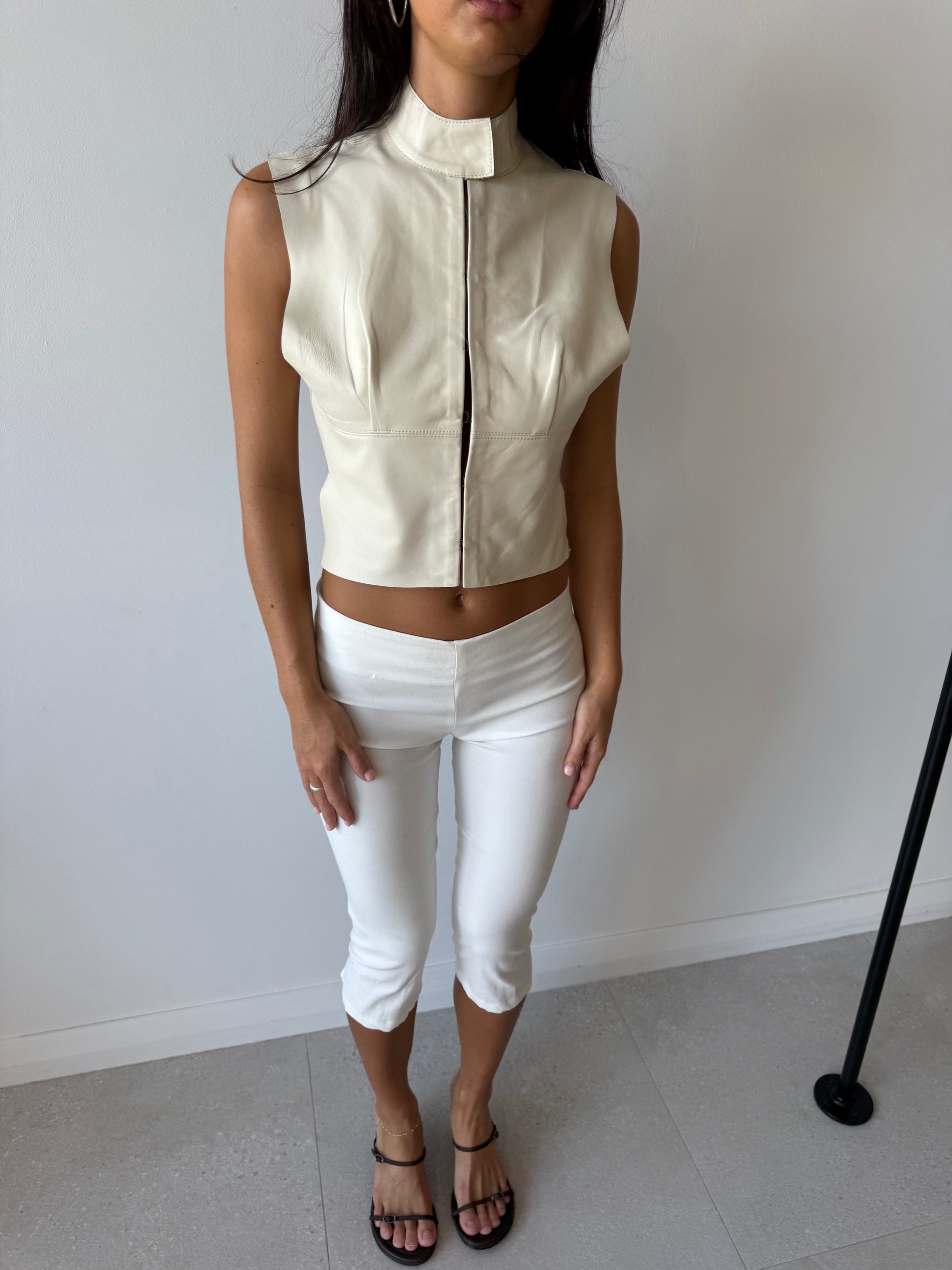 HIGH COLLAR LEATHER TOP ECRU