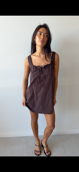 BUTTON FRILL MINI DRESS UMBER