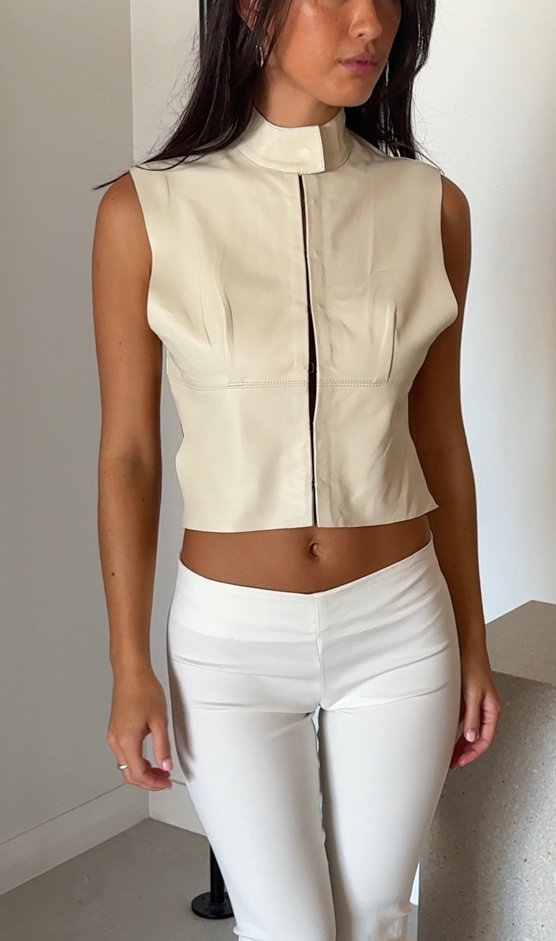 HIGH COLLAR LEATHER TOP ECRU