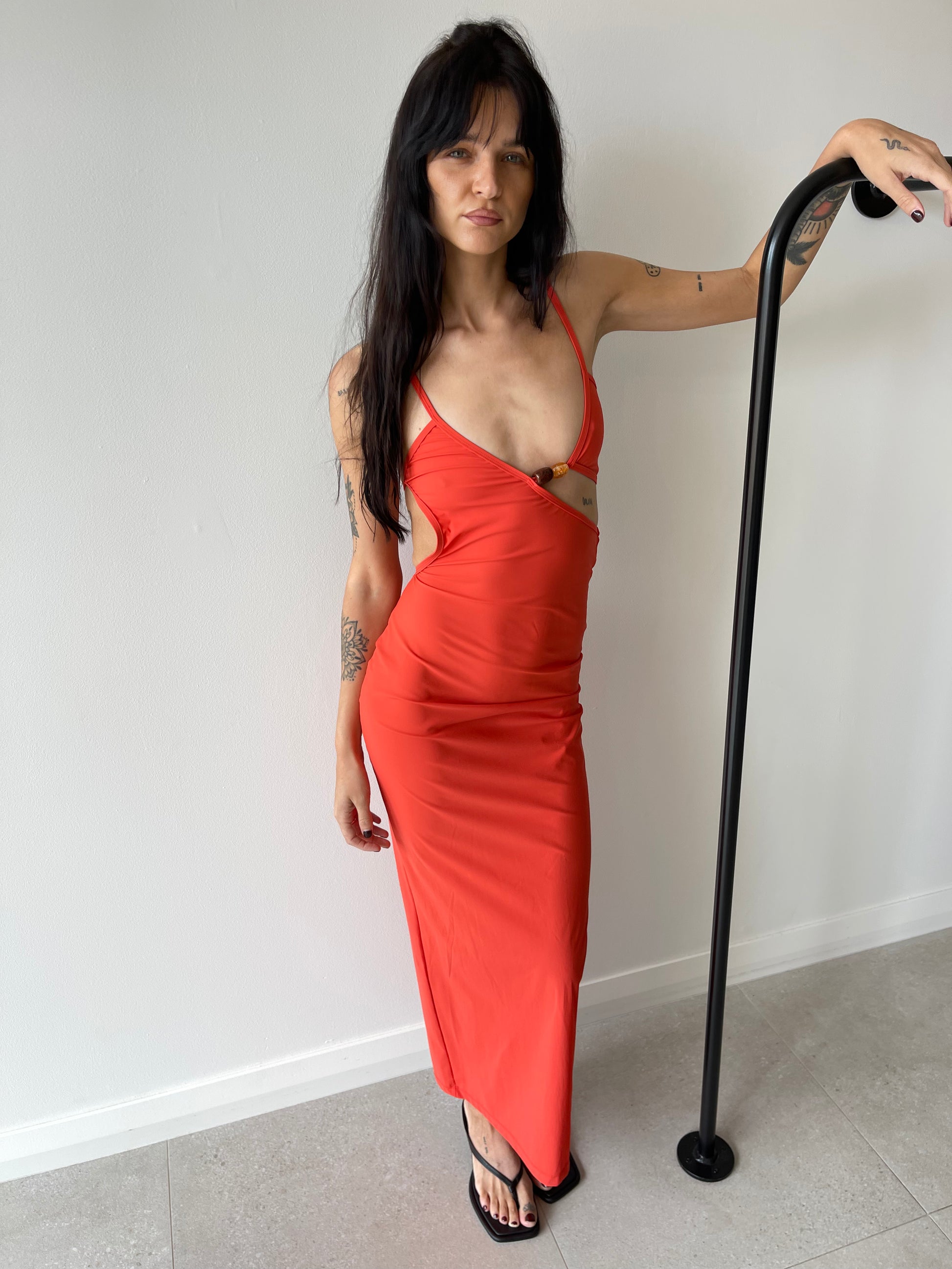 CRYSTAL CUTAWAY LYCRA DRESS RED