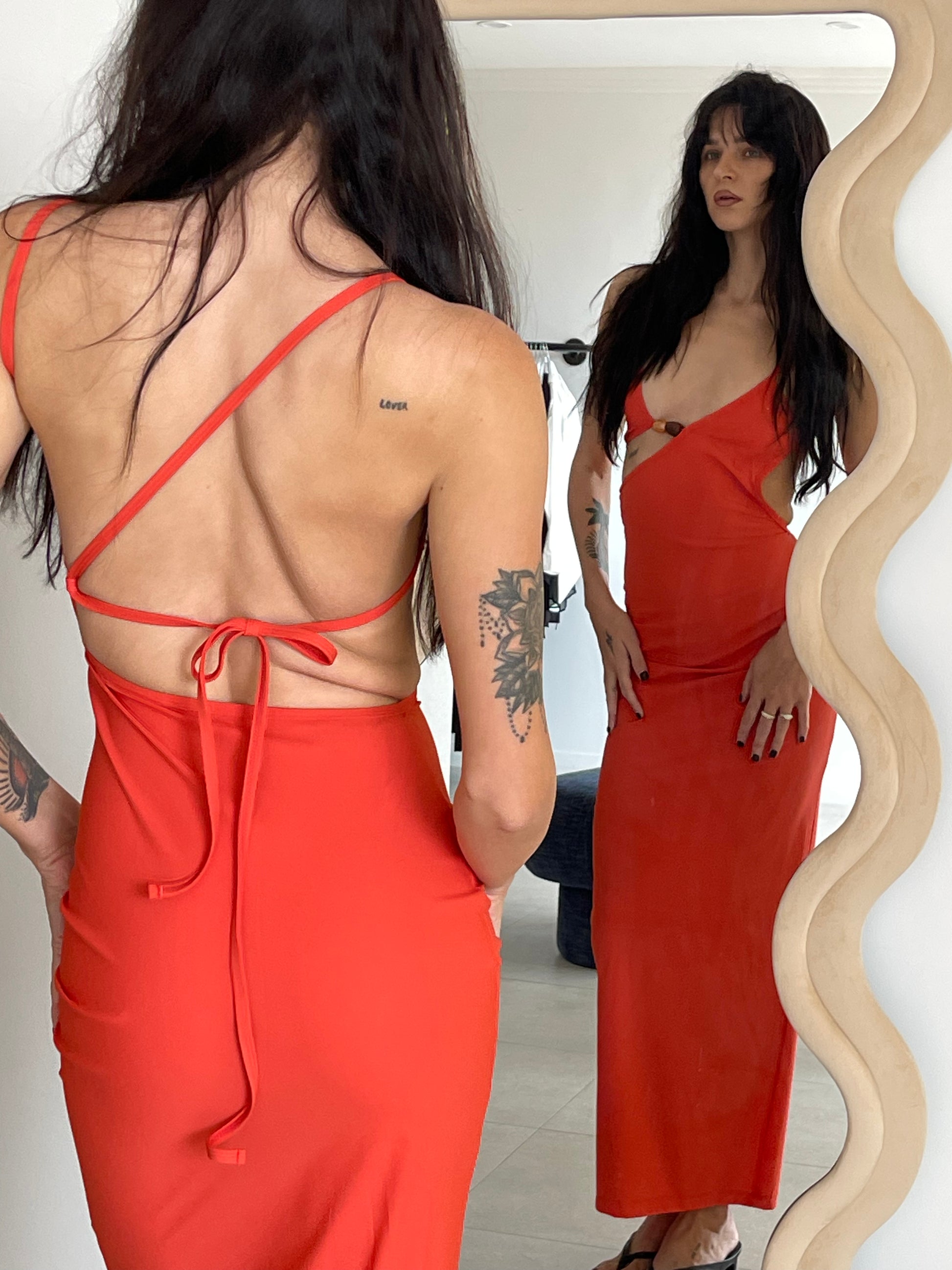 CRYSTAL CUTAWAY LYCRA DRESS RED