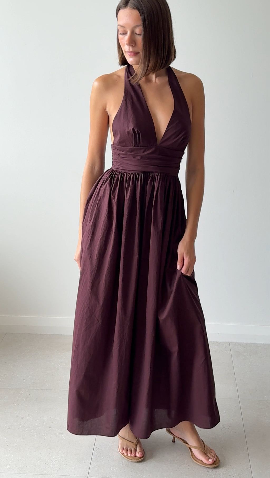 PLUNGE HALTER DRESS AUBERGINE