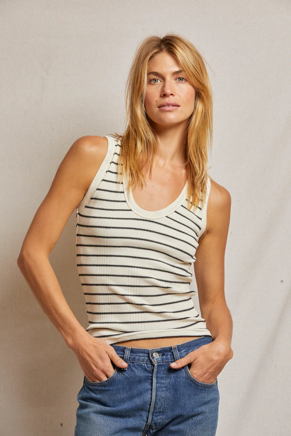 JORDAN RIBBED U NECK TANK SUGAR/BLACK STRIPE - PERFECT WHITE TEE