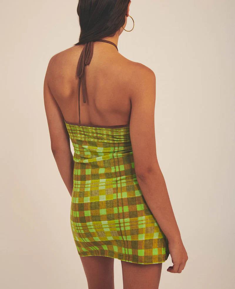 ISOLA CHECK HALTER DRESS MATCHA - NAGNATA