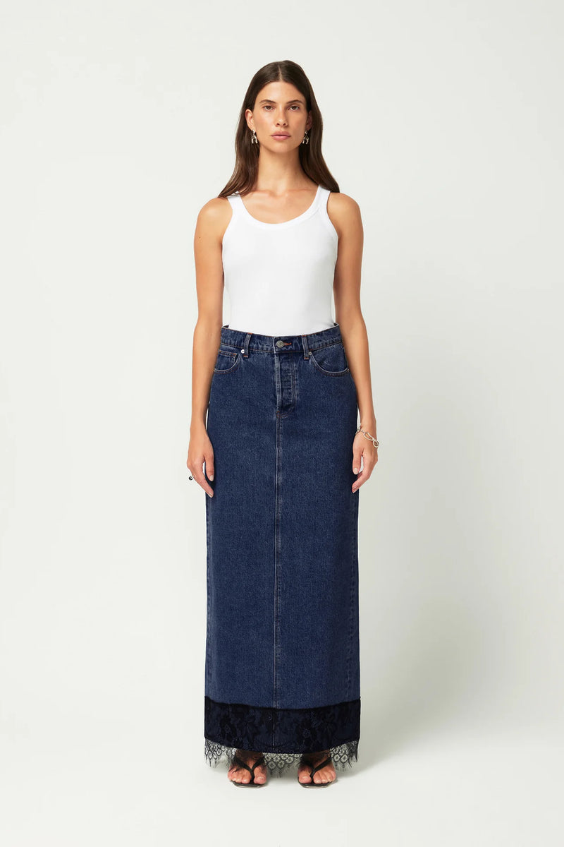 LACE DENIM MAXI SKIRT CLASSIC BLUE - MAISON ESSENTIELE