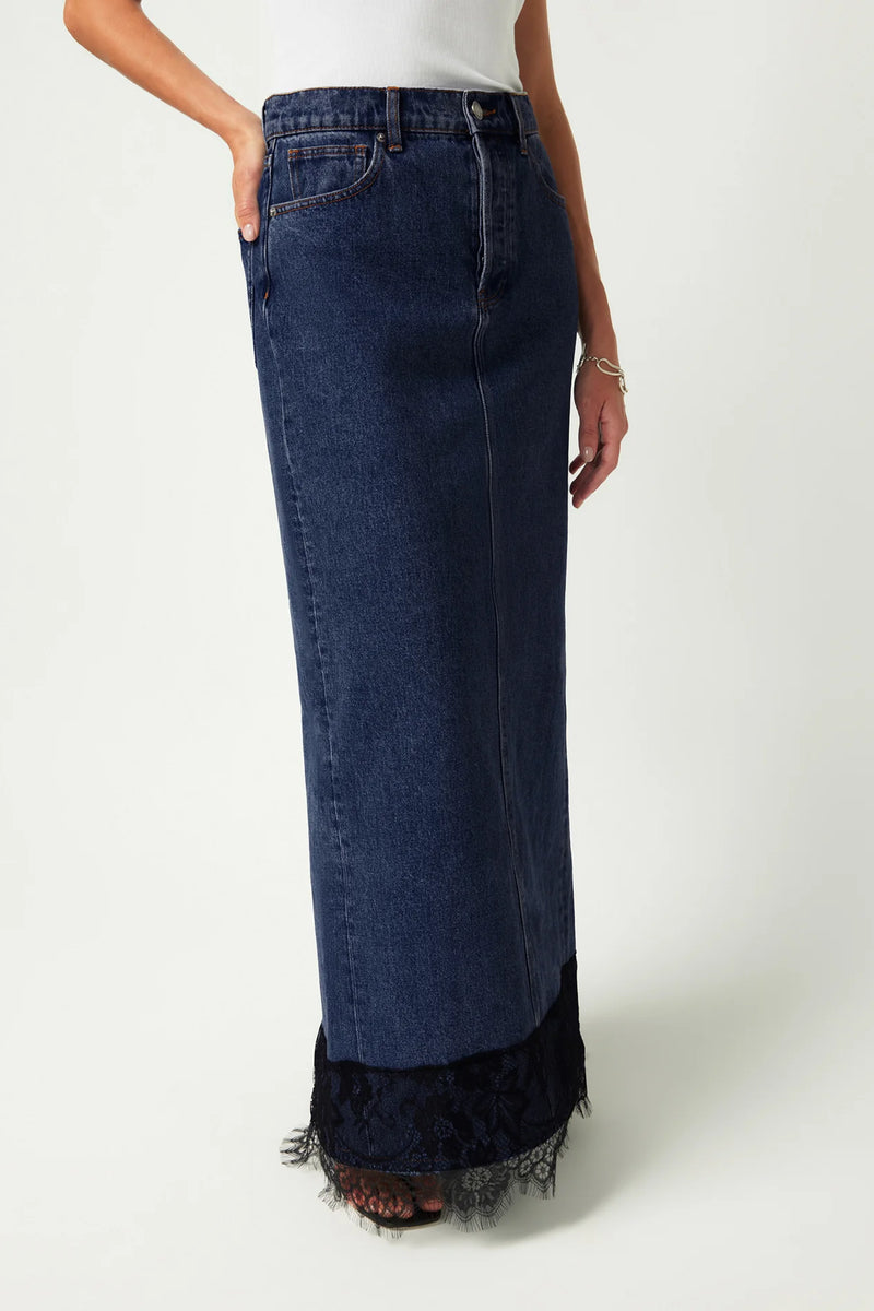 LACE DENIM MAXI SKIRT CLASSIC BLUE - MAISON ESSENTIELE