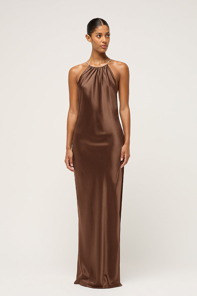 LOU LOU GATHERED BIAS SLIP DRESS BROWN