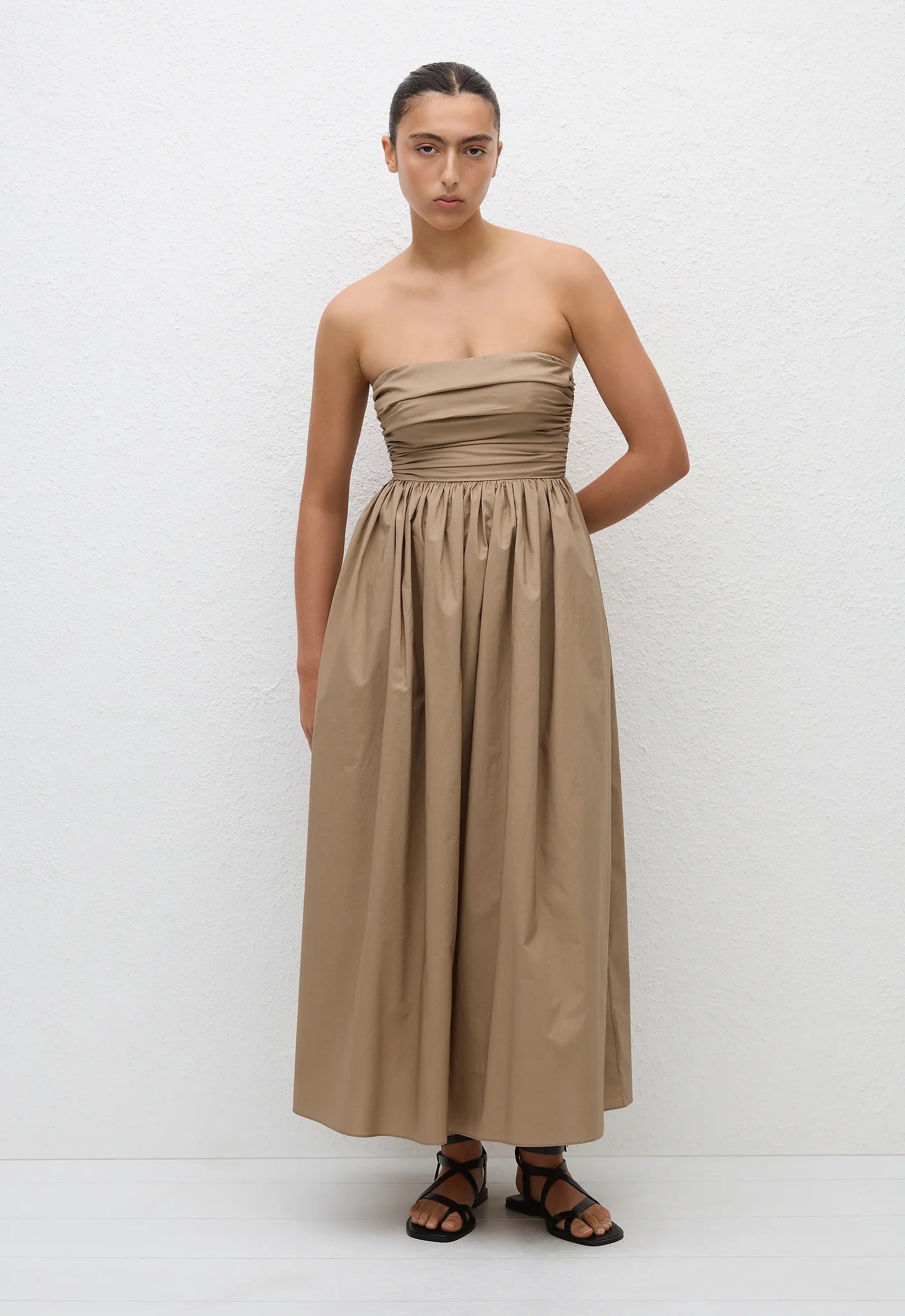 STRAPLESS LACE UP DRESS STONE