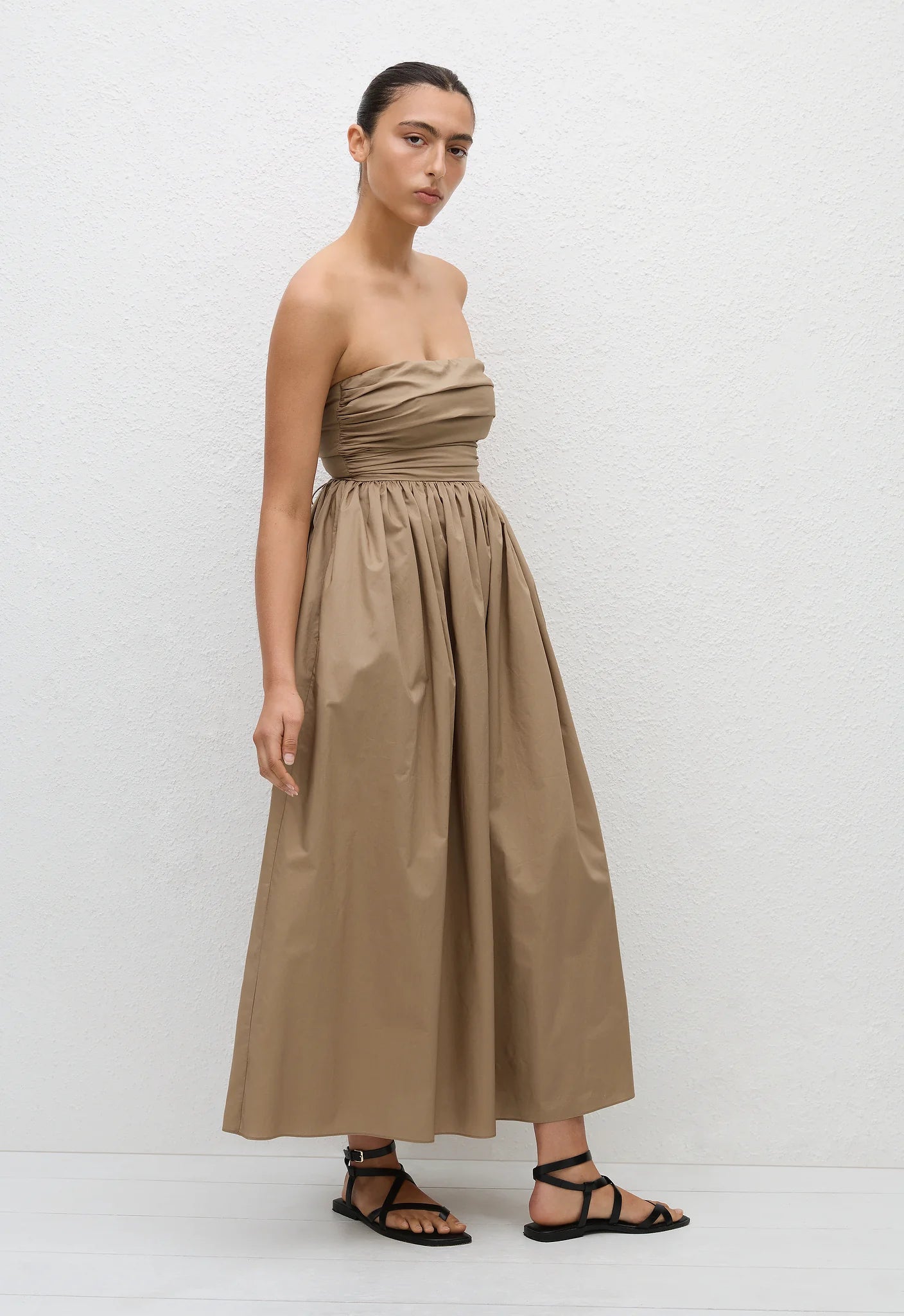 STRAPLESS LACE UP DRESS STONE